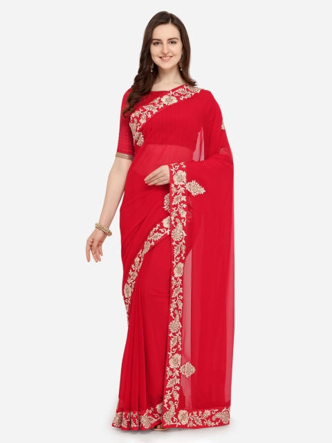 

Indian Women Red Embroidered Pure Georgette Saree