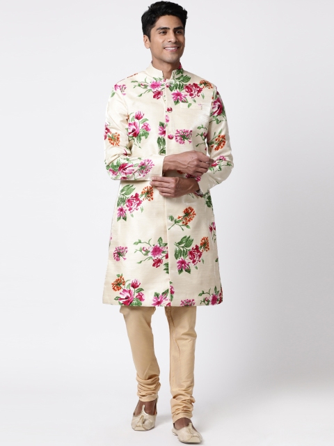 Svanik Men Cream-Coloured & Pink Floral Printed Sherwani