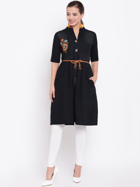 

Kvsfab Women Black Solid Denim A-Line Kurti