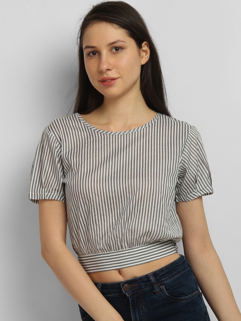 

LA LOFT Women Off-White Striped Blouson Pure Cotton Top