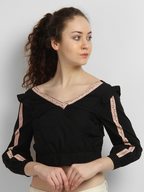 

LA LOFT Women Black Solid Wrap Crop Top
