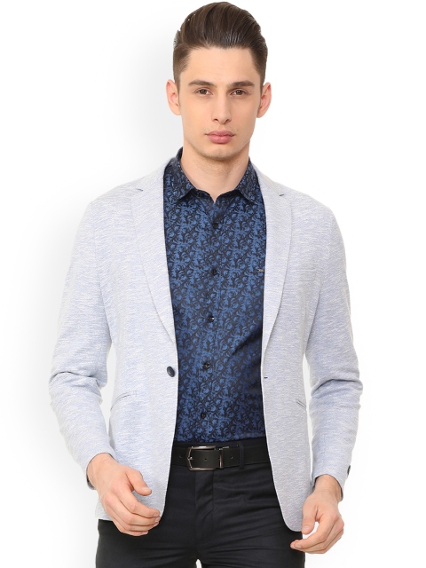 

V Dot Men Grey Self-Design Slim-Fit Single-Breasted Blazer