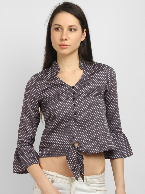 

LA LOFT Women Grey Printed Bell Sleeves Shirt Style Top