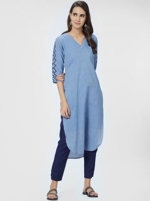 

breya Women Blue Embroidered Straight Kurta