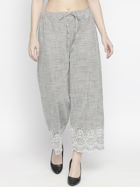 

AKKRITI BY PANTALOONS Women Off-White & Grey Regular Fit Checked Parallel Trousers