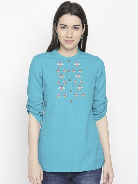

AKKRITI BY PANTALOONS Teal Embroidered Tunic