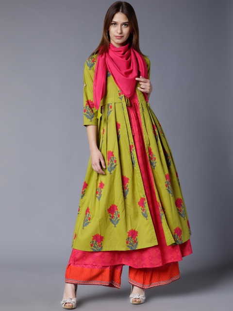 

Vishudh Women Green & Pink Printed Layered Anarkali Kurta With Scarf