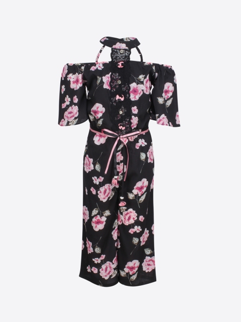 

CUTECUMBER Girls Black & Pink Printed Culotte Jumpsuit