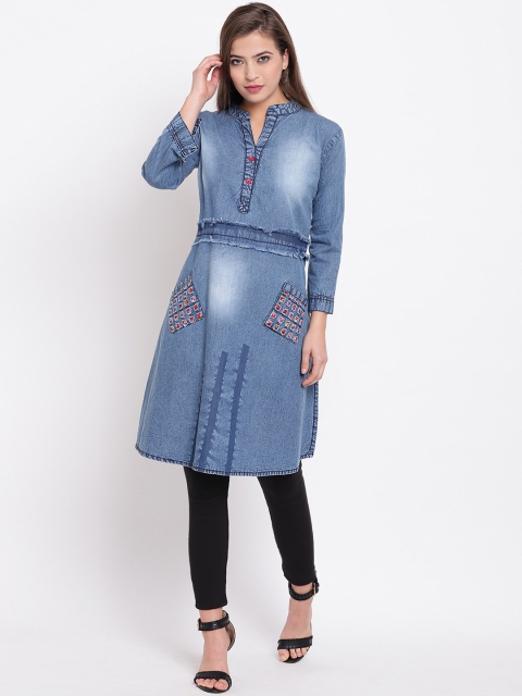 

Kvsfab Women Blue Solid Denim A-Line Kurti