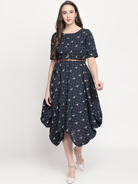 

AKKRITI BY PANTALOONS Women Blue Checked Fit and Flare Dress