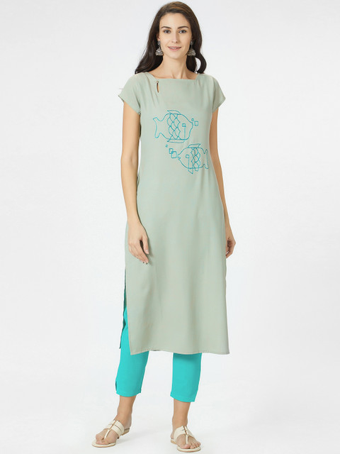 

breya Women Green Embroidered Straight Kurta