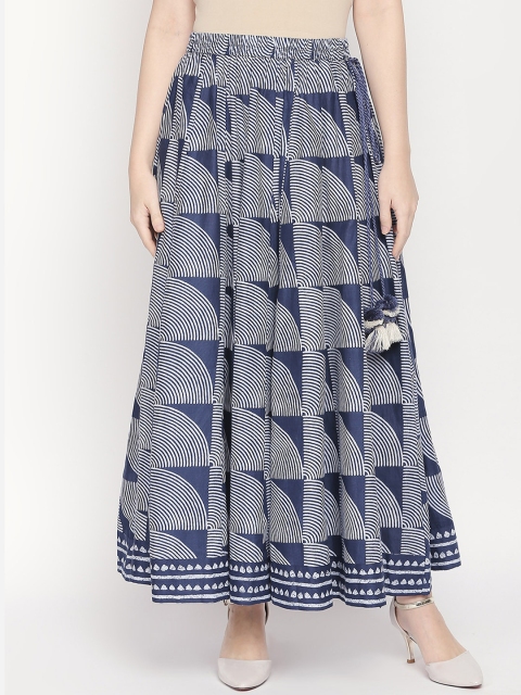 AKKRITI BY PANTALOONS Women Navy Blue & Off-White Printed Flared Maxi Pure Cotton Skirt