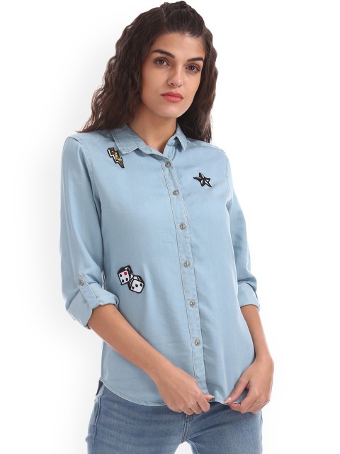 

Ed Hardy Women Blue Regular Fit Solid Casual Shirt