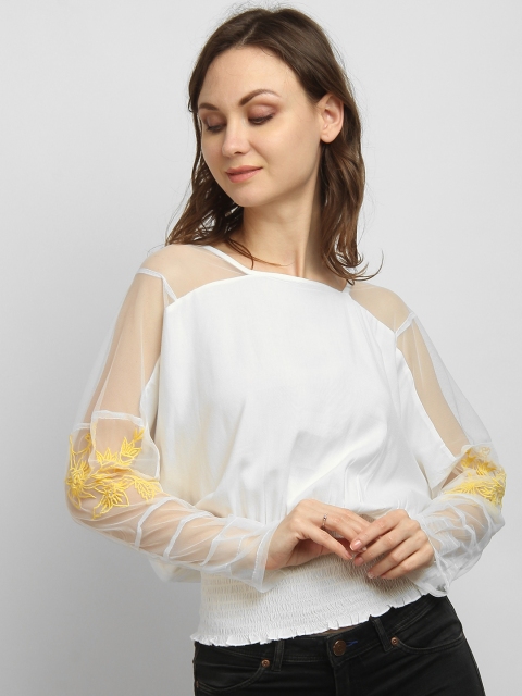 

LA LOFT Women White Embridered Blouson Top