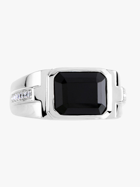 

Peora Women 925 Sterling Silver White Gold Rhodium-Plated & Black Onyx-Studded Wedding Ring