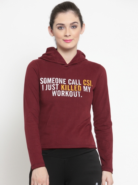 

BUKKUM Women Maroon Printed Hooded Sweatshirt