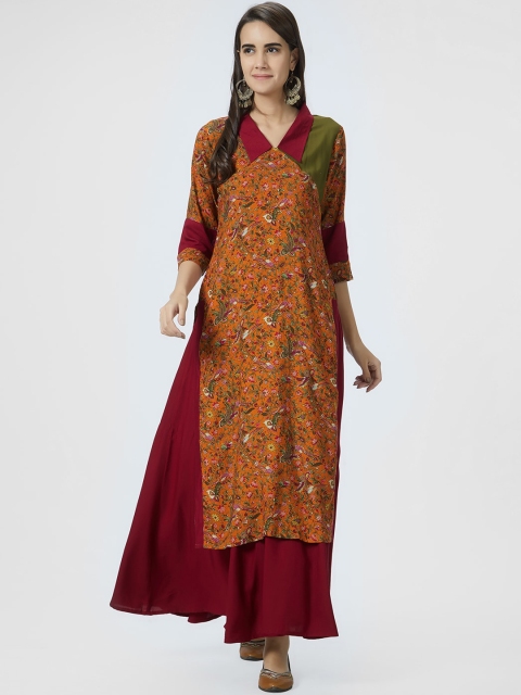 

breya Women Orange & Red Printed Straight Kurta