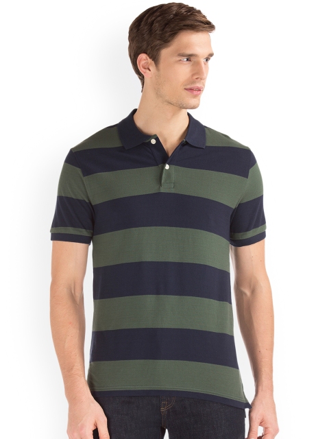 

GAP Men Olive Green & Navy Blue Striped T-Shirt