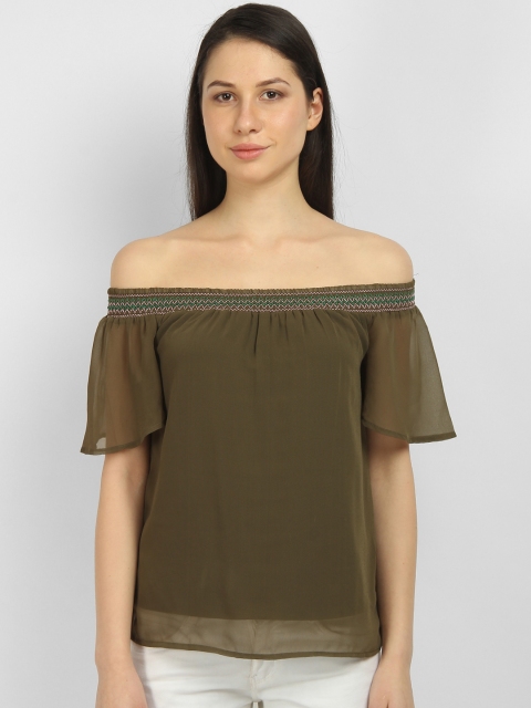 

LA LOFT Women Olive Green Solid Bardot Top
