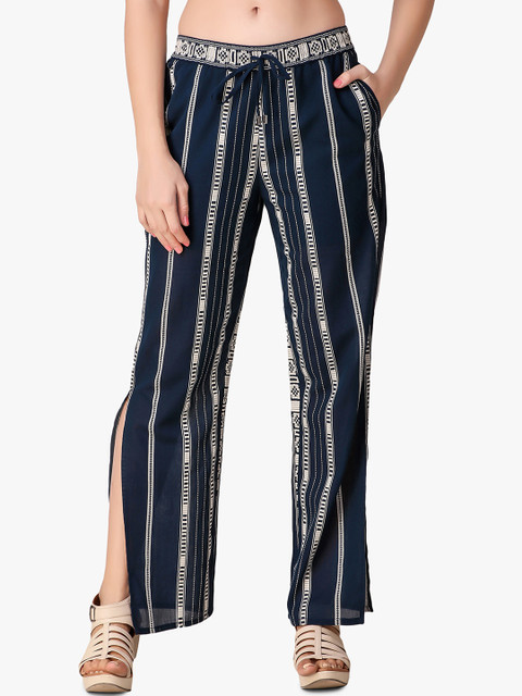

Texco Women Navy Blue & Off-White Regular Fit Striped Regular Trousers