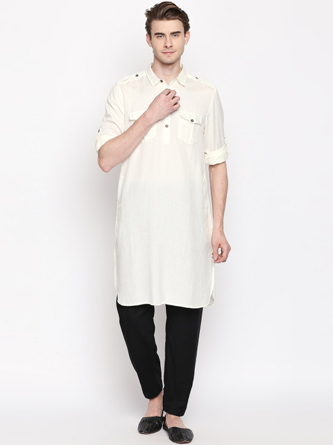 

indus route by Pantaloons Men Off-White Solid Roll-Up Sleeves Pathani Kurta