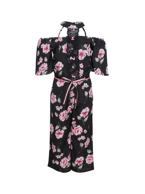 

CUTECUMBER Girls Black & Pink Printed Culotte Jumpsuit