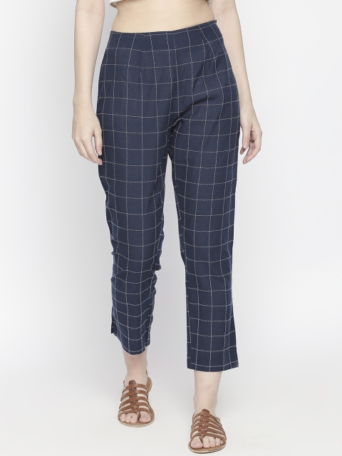 

RANGMANCH BY PANTALOONS Women Blue Regular Fit Checked Regular Trousers