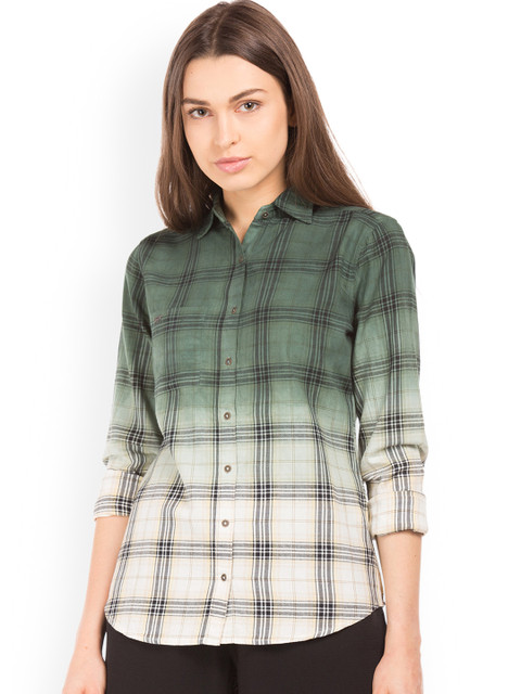 

Ed Hardy Women Green & Beige Regular Fit Checked Casual Shirt