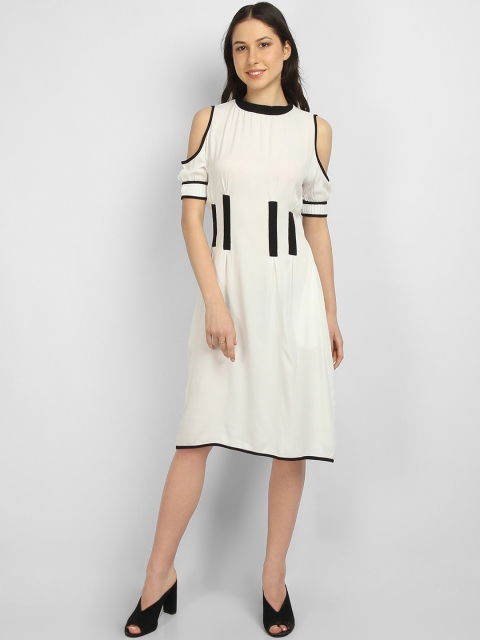 

LA LOFT Women White Striped Fit and Flare Dress