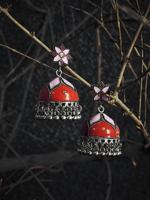 

ZeroKaata Silver-Plated & Red Handcrafted Dome Shaped Jhumkas