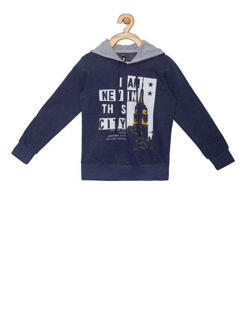 

Maniac Boys Navy Blue & White Printed Hooded Sweatshirt