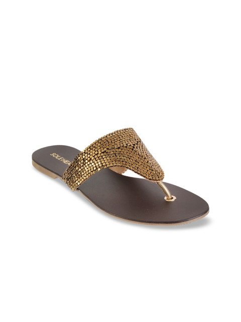 

SOLE HEAD Women Gold-Toned Solid T-Strap Flats
