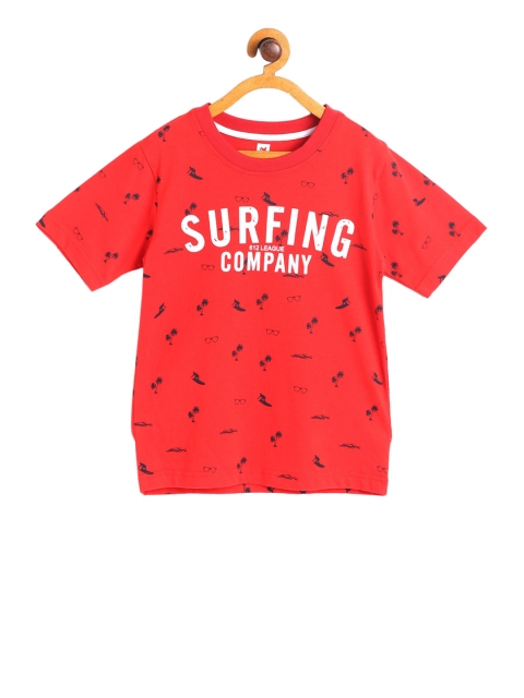 

612 league Boys Red Printed Round Neck T-shirt
