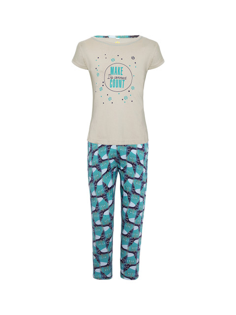 

Punkster Girls Beige & Green Printed Night suit