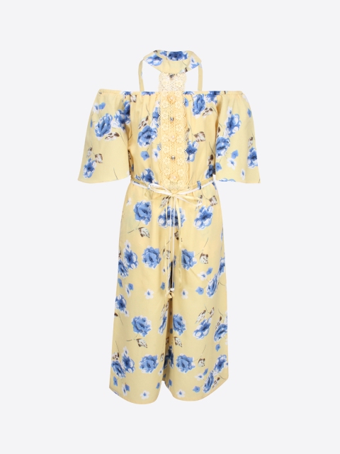 

CUTECUMBER Girls Yellow & Blue Printed Culotte Jumpsuit