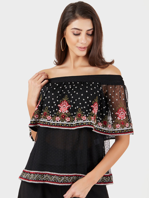 

Label Ritu Kumar Women Black Self Design Bardot Top