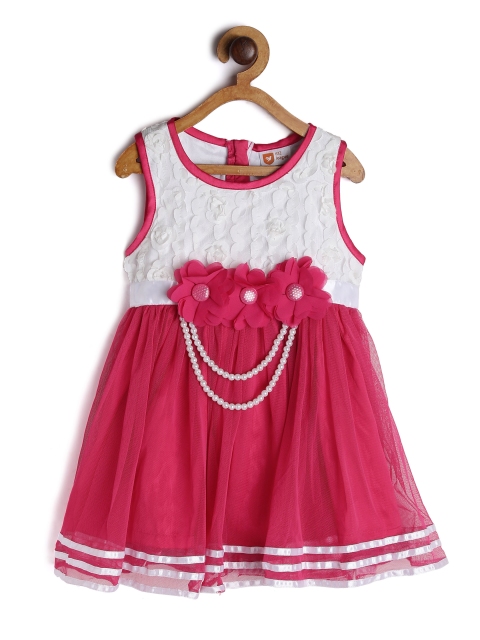 

612 league Girls Red Self Design Fit and Flare Dress