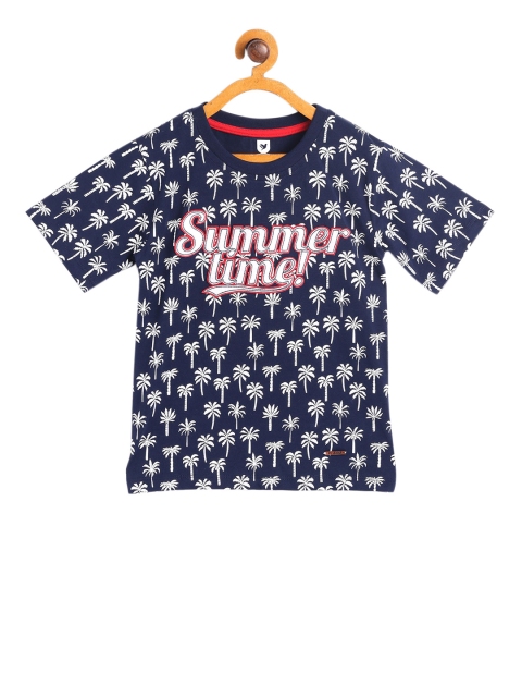 

612 league Boys Navy Blue & White Printed Round Neck T-shirt