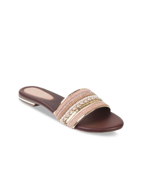 

SOLE HEAD Women Peach-Coloured & Gold-Toned Woven Design Open Toe Flats