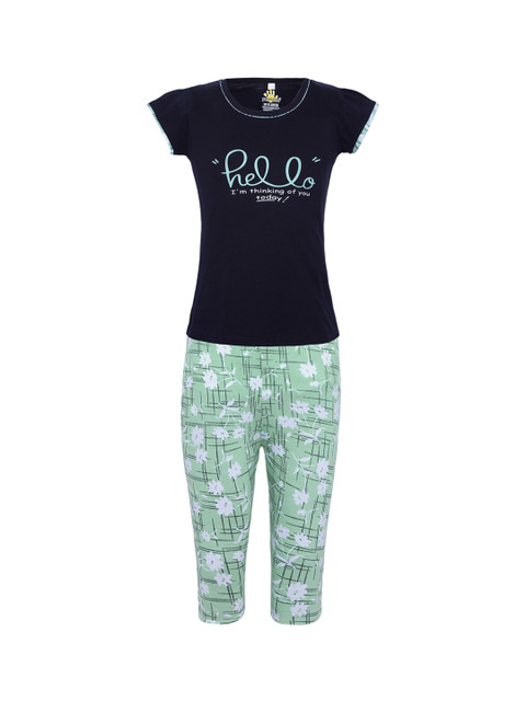 

Punkster Girls Navy Blue & Green Printed Night suit