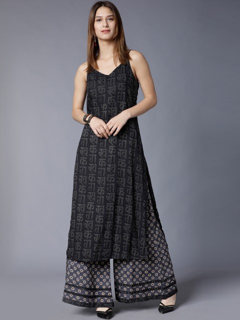 

Vishudh Women Black & Grey Printed Kurta with Palazzos