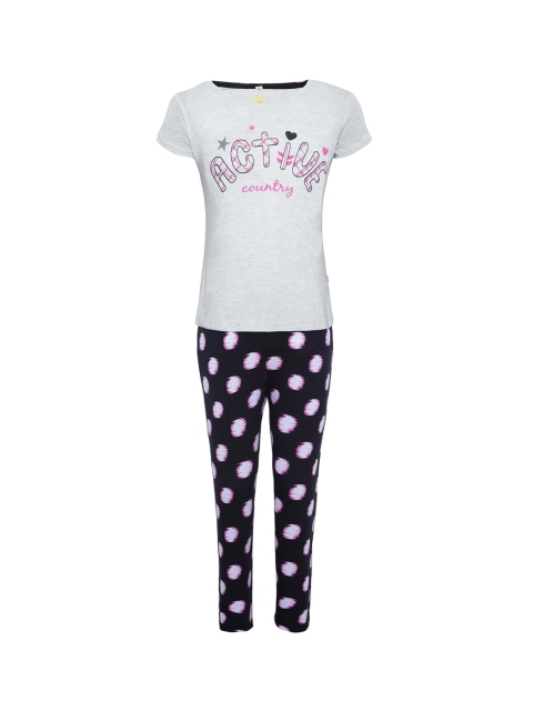 

Punkster Girls Grey Melange & Black Printed Night suit