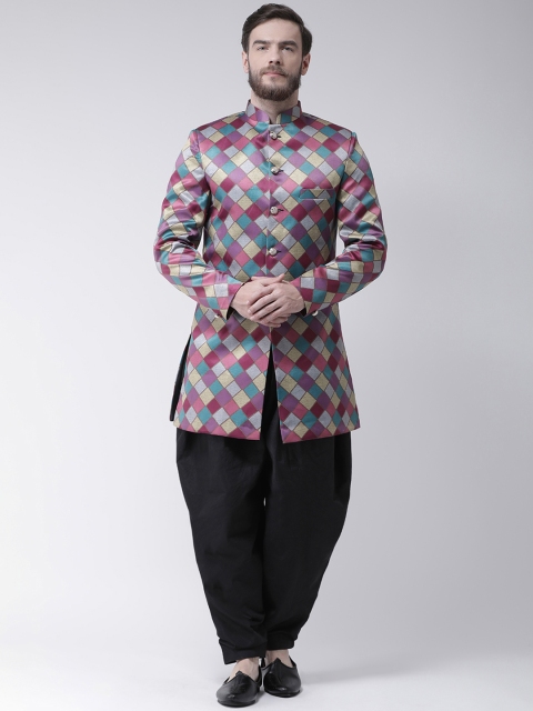 

Hangup Men Multicoloured Printed Sherwani With Black Solid Dhoti Pants, Multi