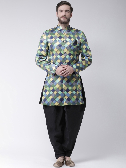

Hangup Men Multicoloured Printed Sherwani With Black Solid Dhoti Pants, Multi