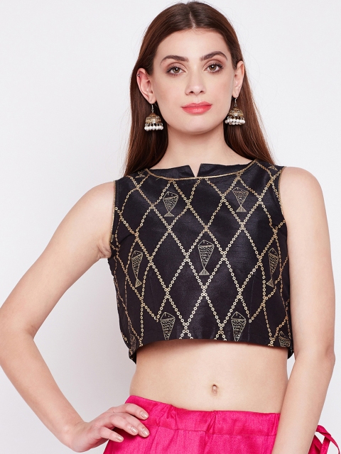 

studio rasa Women Dupion Hand Block Printed Crop Top, Black