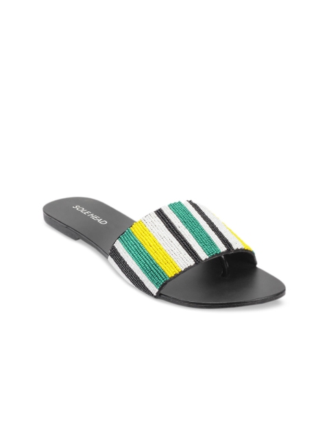

SOLE HEAD Women Black & White Striped Open Toe Flats
