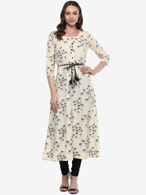 

Ishin Women Cream-Coloured Printed A-Line Kurta