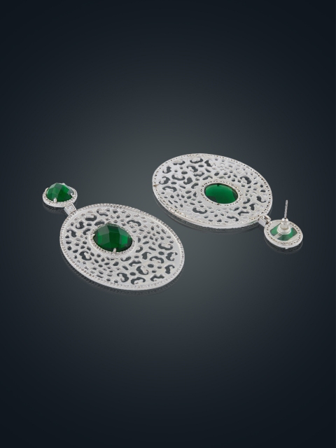

shaze Green & Silver-Plated CZ Circular Drop Earrings