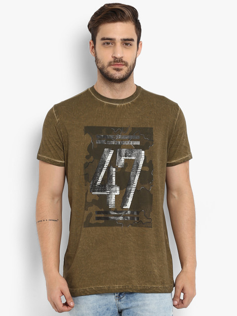 

Mufti Men Khaki Printed Round Neck T-shirt