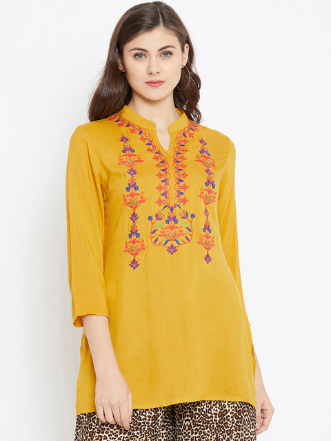 

Toshee Women Mustard Yellow Embroidered Kurti